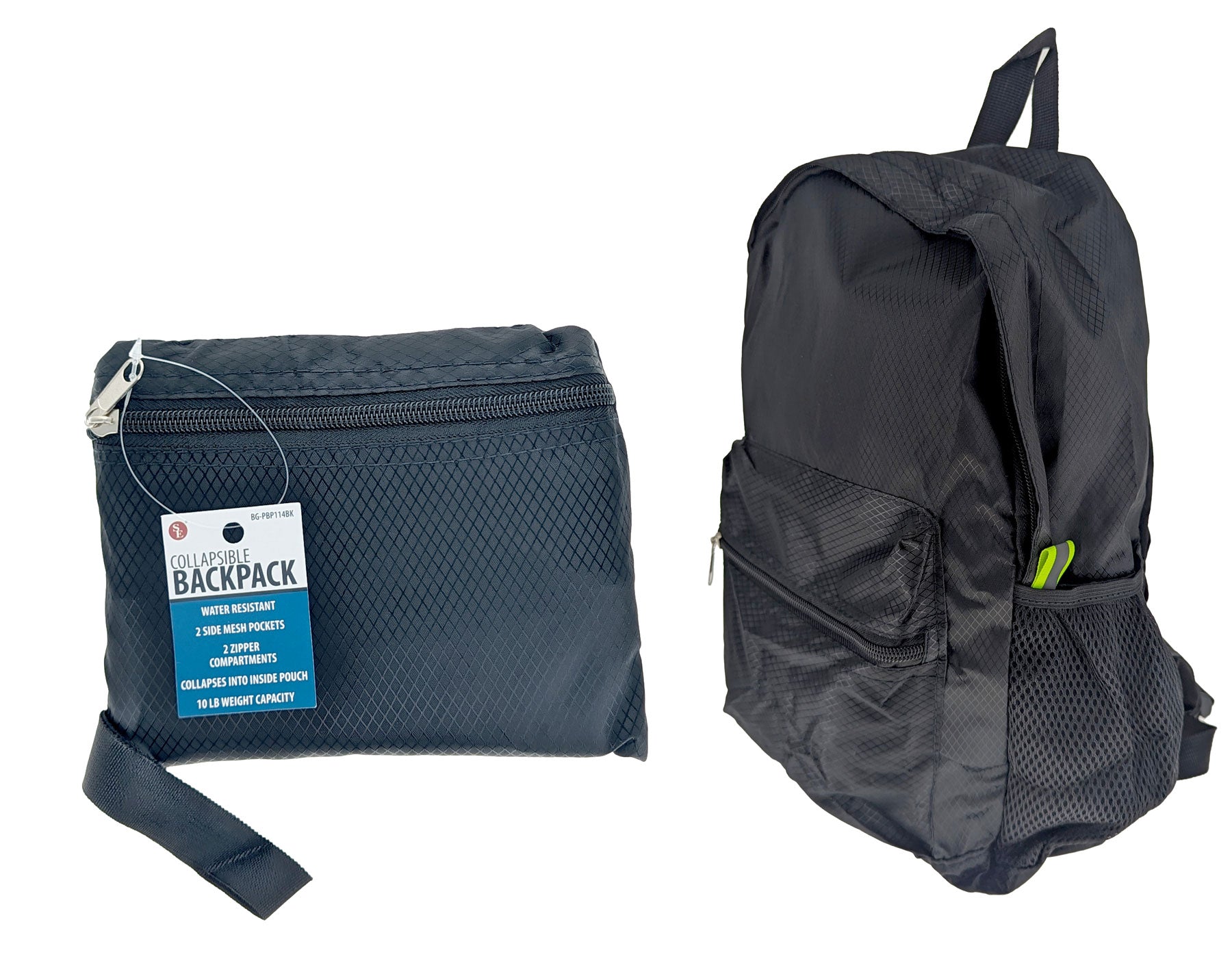 Sona Enterprises Black Water-Resistant Collapsible Backpack with Back Zipper Pocket