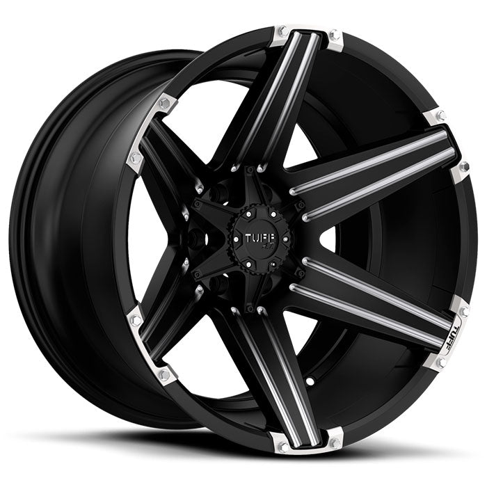 Tuff T12 24X11 -45 6X139.7/6X5.5 SATIN BLACK W/ MILLED SPOKES AND BRUSHED INSERTS
